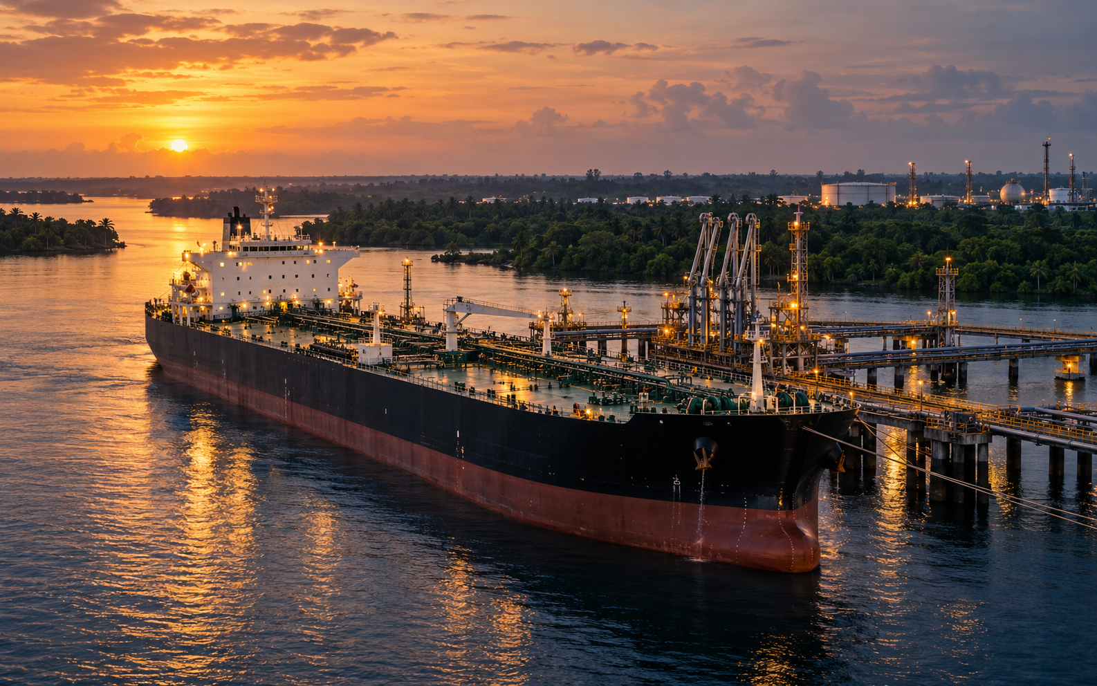 Petrolero de crudo nigeriano en una terminal costera de exportación
